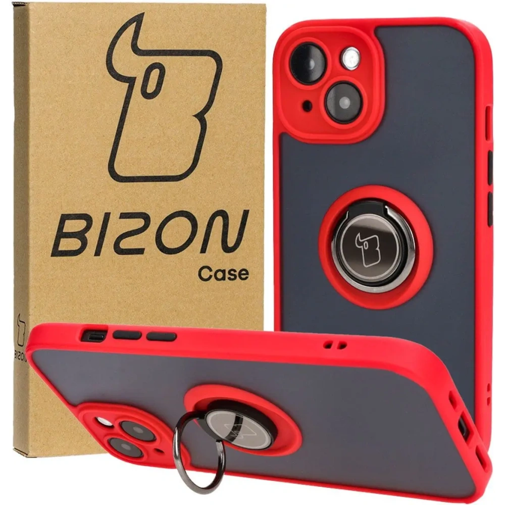 Etui z uchwytem na palec Bizon Case Hybrid Ring do Apple iPhone 15 przydymione z czerwoną ramką