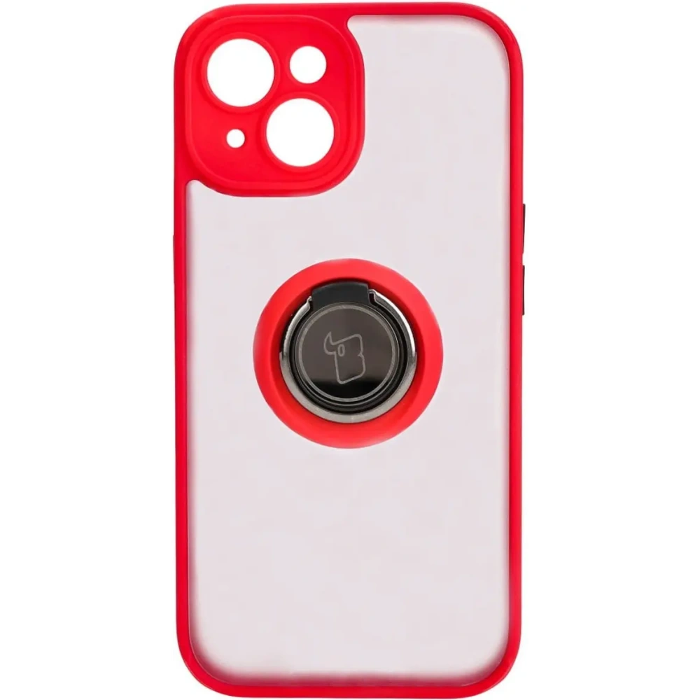 Etui z uchwytem na palec Bizon Case Hybrid Ring do Apple iPhone 15 przydymione z czerwoną ramką