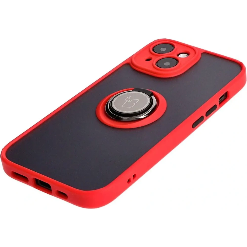 Etui z uchwytem na palec Bizon Case Hybrid Ring do Apple iPhone 15 przydymione z czerwoną ramką