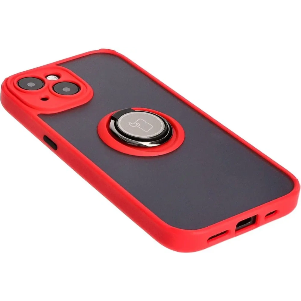 Etui z uchwytem na palec Bizon Case Hybrid Ring do Apple iPhone 15 przydymione z czerwoną ramką