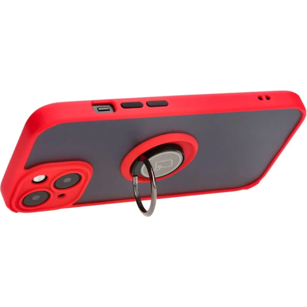 Etui z uchwytem na palec Bizon Case Hybrid Ring do Apple iPhone 15 przydymione z czerwoną ramką