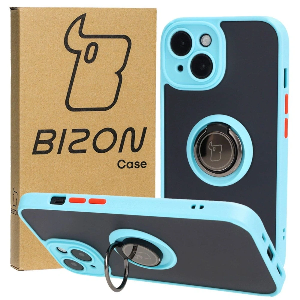 Etui z uchwytem na palec Bizon Case Hybrid Ring do Apple iPhone 15 przydymione z jasnoniebieską ramką