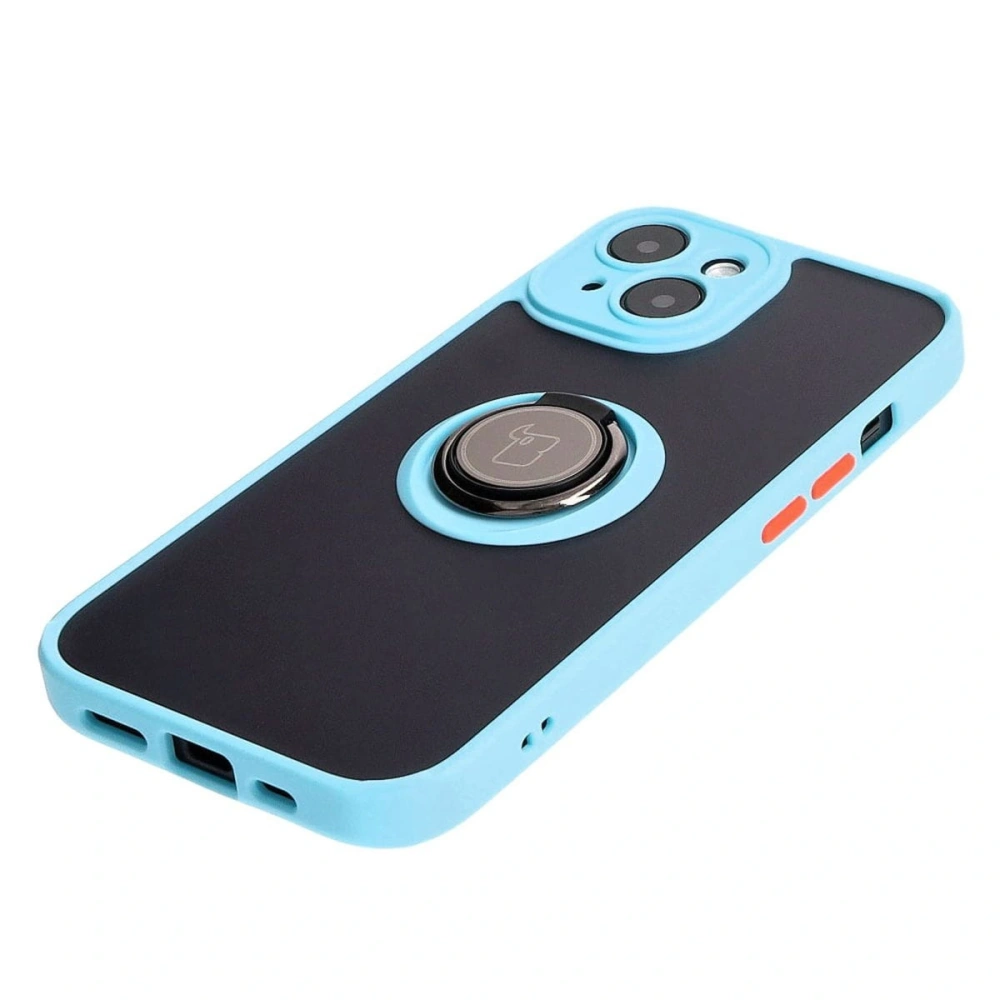 Etui z uchwytem na palec Bizon Case Hybrid Ring do Apple iPhone 15 przydymione z jasnoniebieską ramką