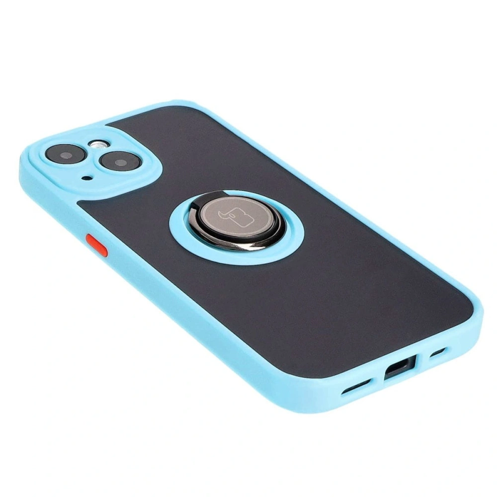 Etui z uchwytem na palec Bizon Case Hybrid Ring do Apple iPhone 15 przydymione z jasnoniebieską ramką