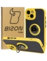 Etui z uchwytem na palec Bizon Case Hybrid Ring do Apple iPhone 15 przydymione z żółtą ramką