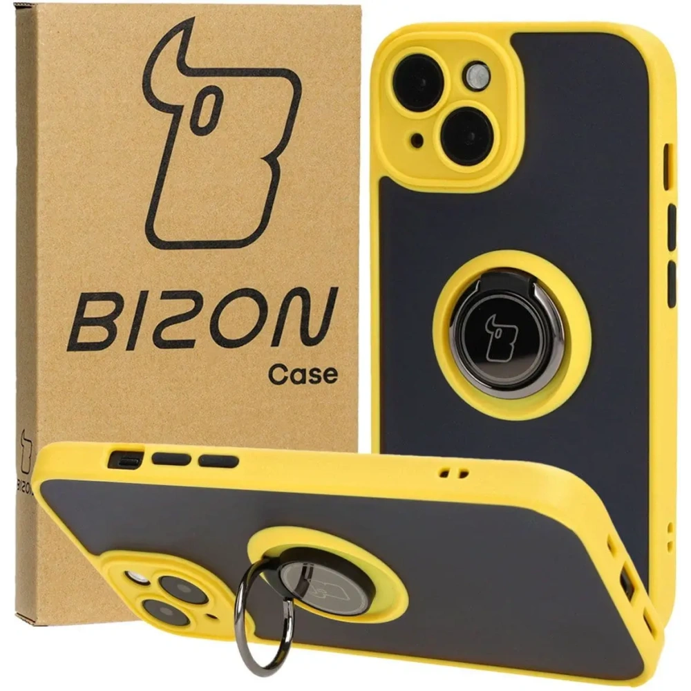 Etui z uchwytem na palec Bizon Case Hybrid Ring do Apple iPhone 15 przydymione z żółtą ramką