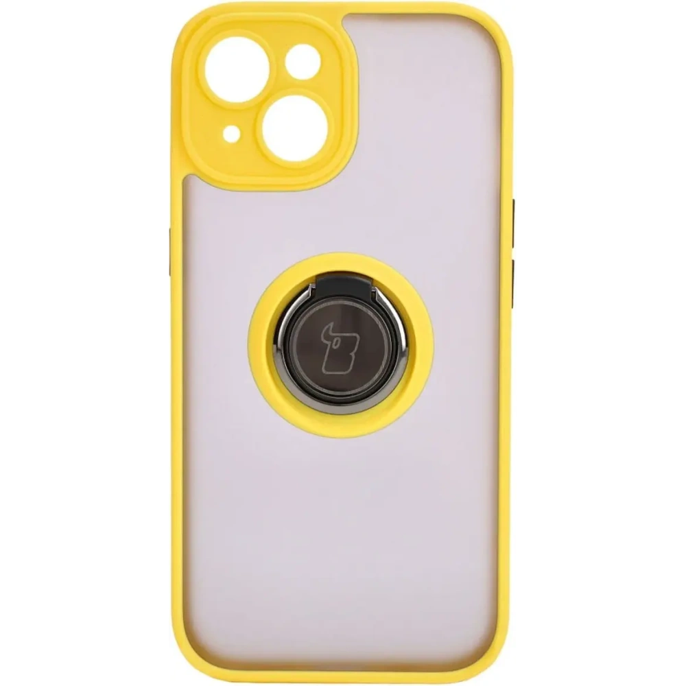 Etui z uchwytem na palec Bizon Case Hybrid Ring do Apple iPhone 15 przydymione z żółtą ramką