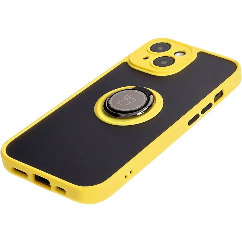 Etui z uchwytem na palec Bizon Case Hybrid Ring do Apple iPhone 15 przydymione z żółtą ramką