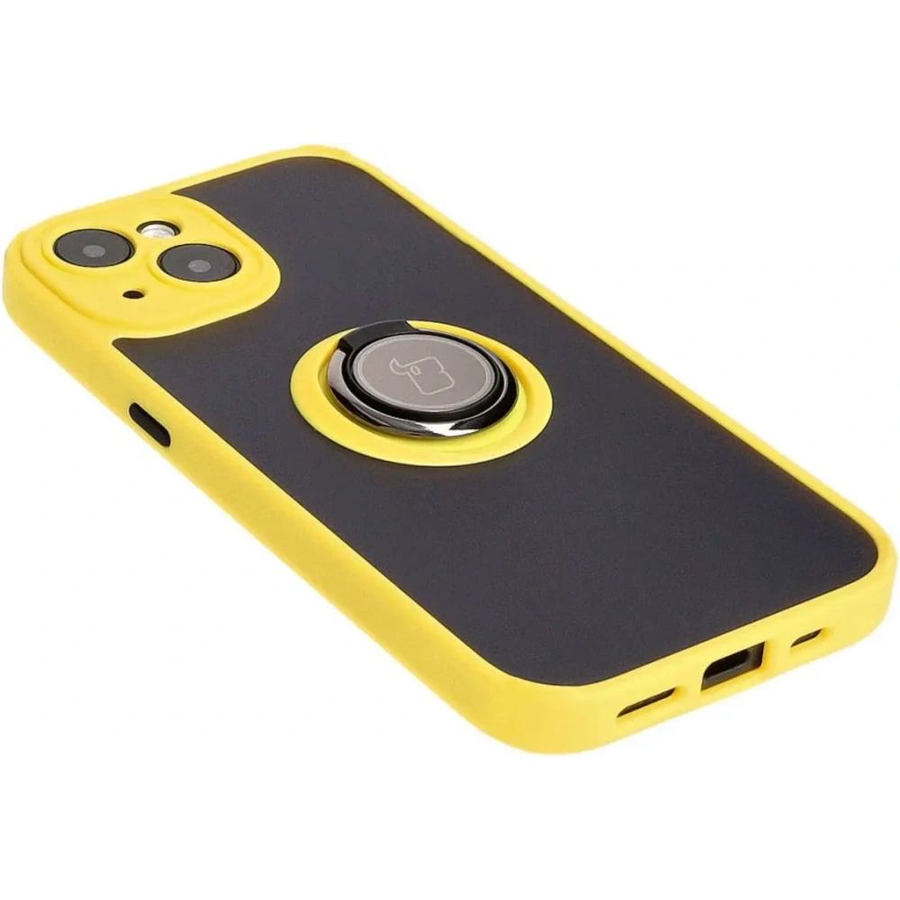Etui z uchwytem na palec Bizon Case Hybrid Ring do Apple iPhone 15 przydymione z żółtą ramką