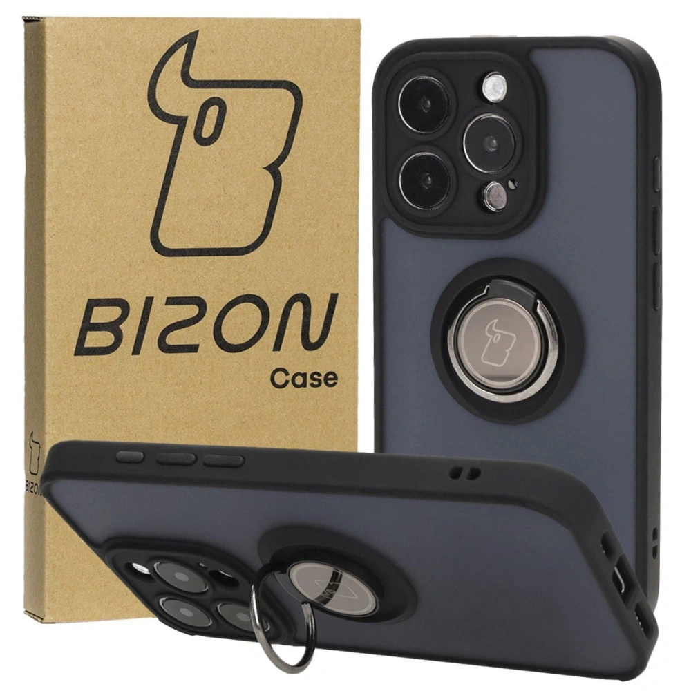 Etui z uchwytem na palec Bizon Case Hybrid Ring do Apple iPhone 15 Pro przydymione z czarną ramką