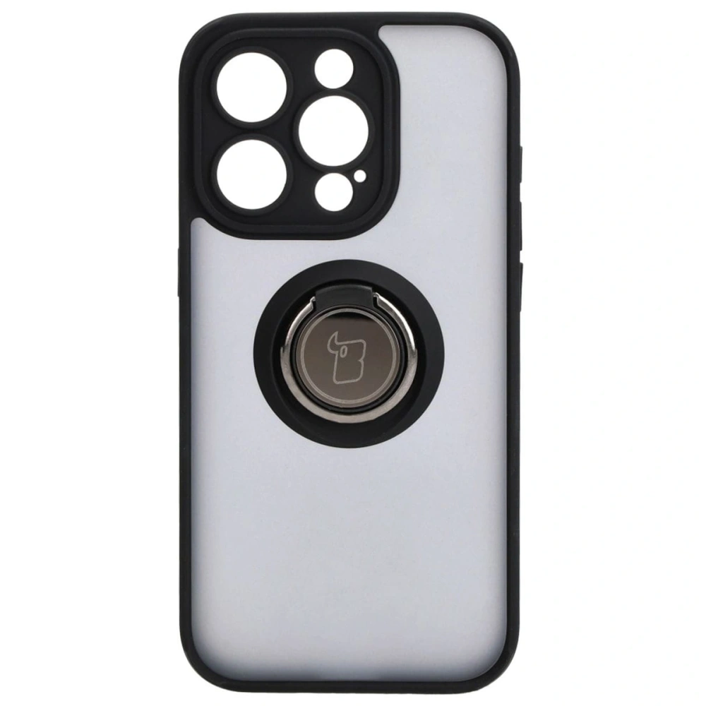 Etui z uchwytem na palec Bizon Case Hybrid Ring do Apple iPhone 15 Pro przydymione z czarną ramką