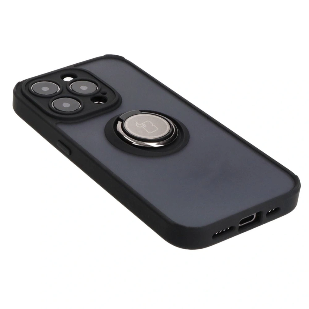 Etui z uchwytem na palec Bizon Case Hybrid Ring do Apple iPhone 15 Pro przydymione z czarną ramką