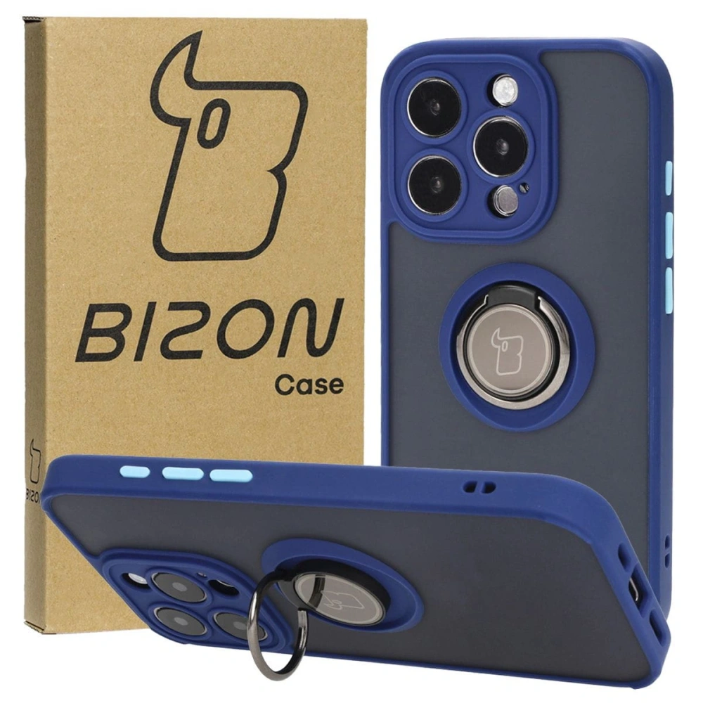 Etui z uchwytem na palec Bizon Case Hybrid Ring do Apple iPhone 15 Pro przydymione z granatową ramką
