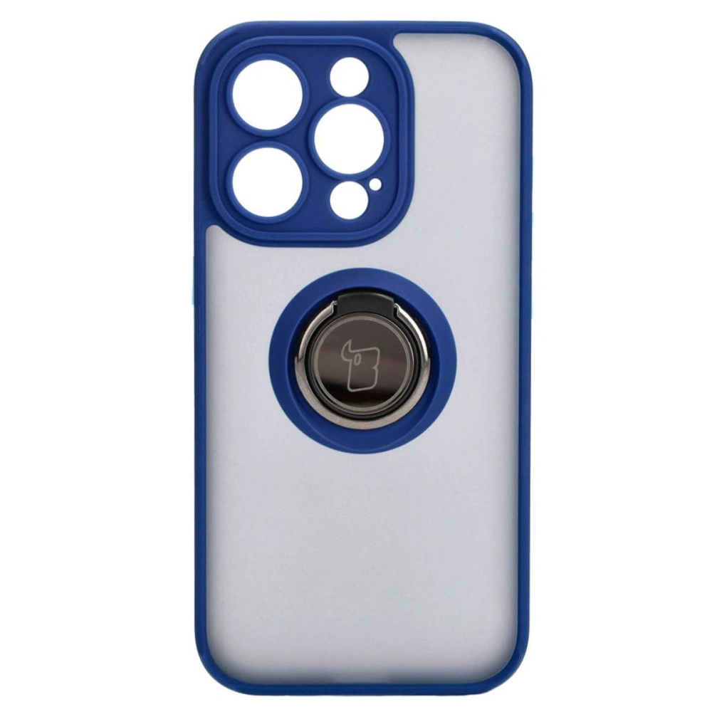 Etui z uchwytem na palec Bizon Case Hybrid Ring do Apple iPhone 15 Pro przydymione z granatową ramką
