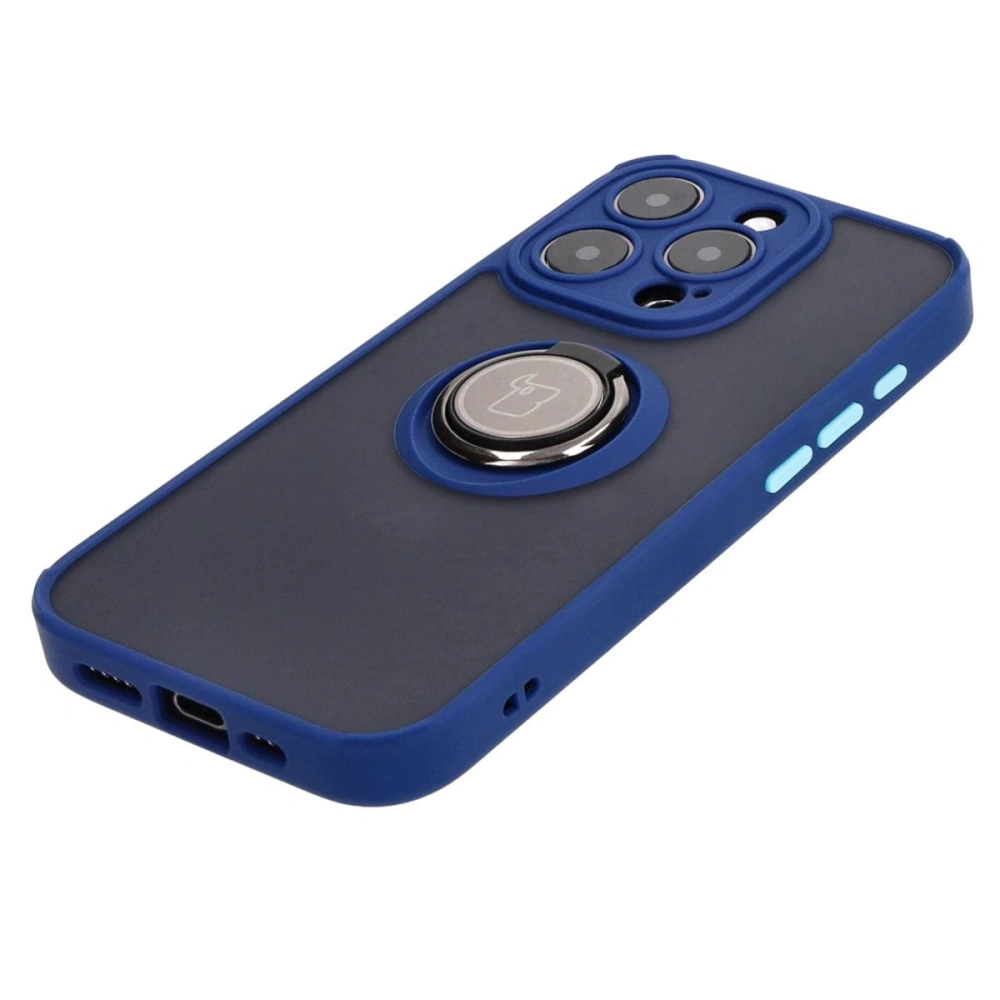 Etui z uchwytem na palec Bizon Case Hybrid Ring do Apple iPhone 15 Pro przydymione z granatową ramką