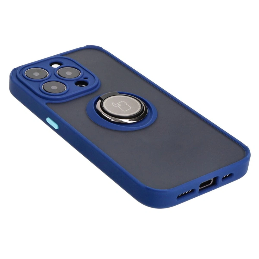 Etui z uchwytem na palec Bizon Case Hybrid Ring do Apple iPhone 15 Pro przydymione z granatową ramką