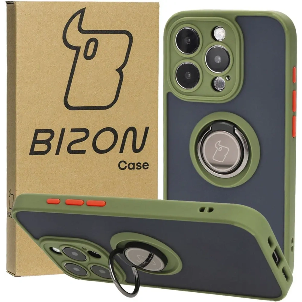 Etui z uchwytem na palec Bizon Case Hybrid Ring do Apple iPhone 15 Pro przydymione z zieloną ramką