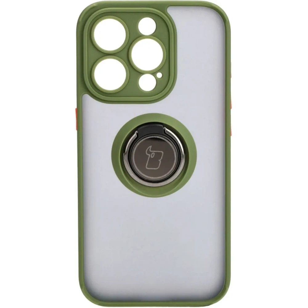 Etui z uchwytem na palec Bizon Case Hybrid Ring do Apple iPhone 15 Pro przydymione z zieloną ramką