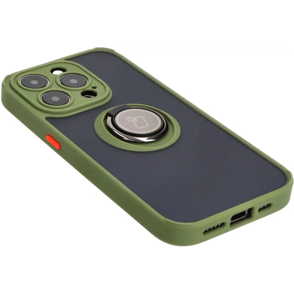 Etui z uchwytem na palec Bizon Case Hybrid Ring do Apple iPhone 15 Pro przydymione z zieloną ramką