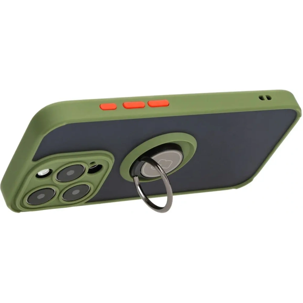 Etui z uchwytem na palec Bizon Case Hybrid Ring do Apple iPhone 15 Pro przydymione z zieloną ramką
