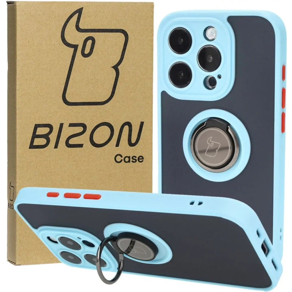Etui z uchwytem na palec Bizon Case Hybrid Ring do Apple iPhone 15 Pro przydymione z jasnoniebieską ramką