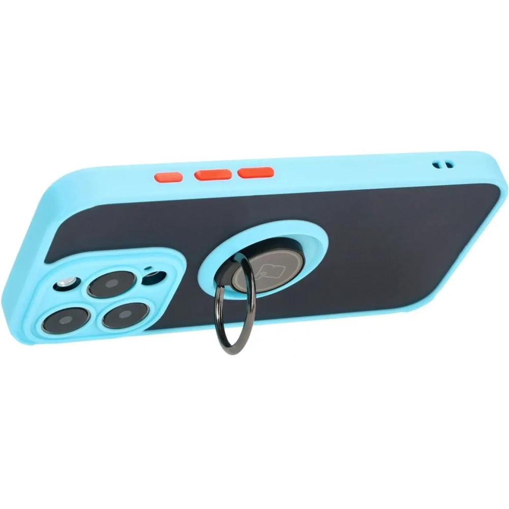 Etui z uchwytem na palec Bizon Case Hybrid Ring do Apple iPhone 15 Pro przydymione z jasnoniebieską ramką