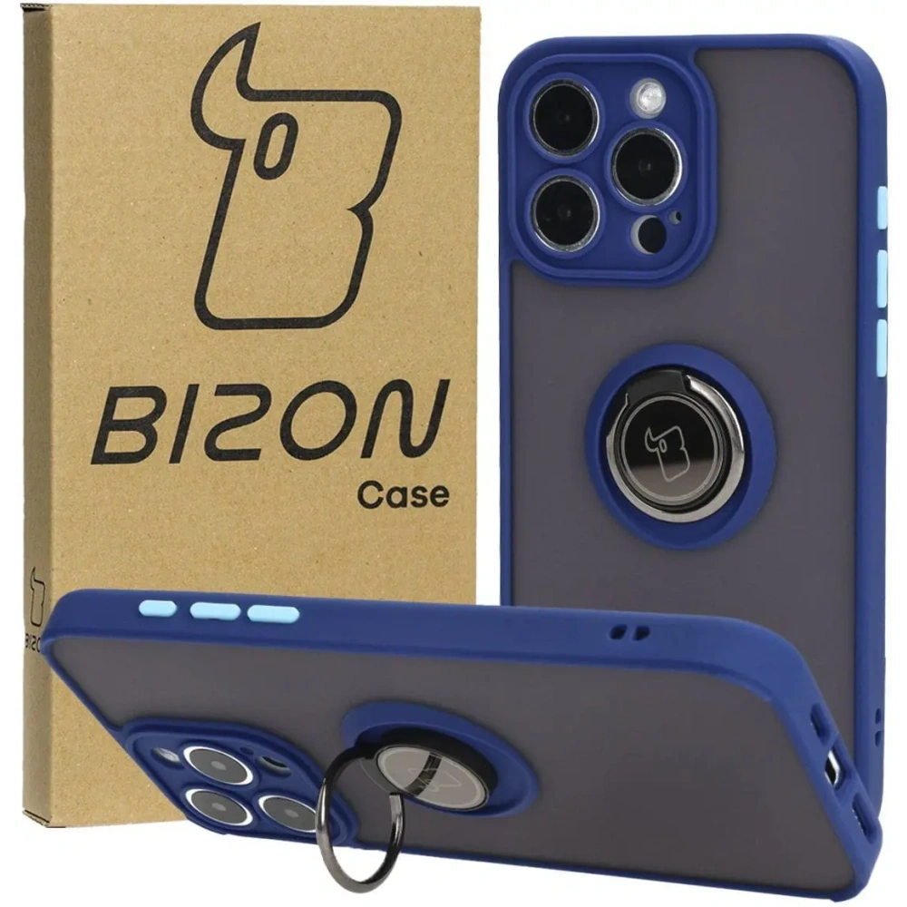 Etui z uchwytem na palec Bizon Case Hybrid Ring do Apple iPhone 15 Pro Max przydymione z granatową ramką
