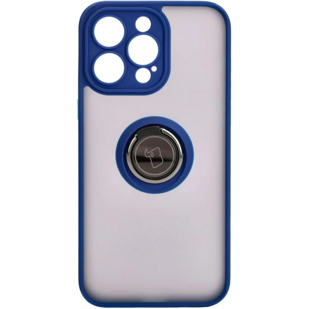 Etui z uchwytem na palec Bizon Case Hybrid Ring do Apple iPhone 15 Pro Max przydymione z granatową ramką