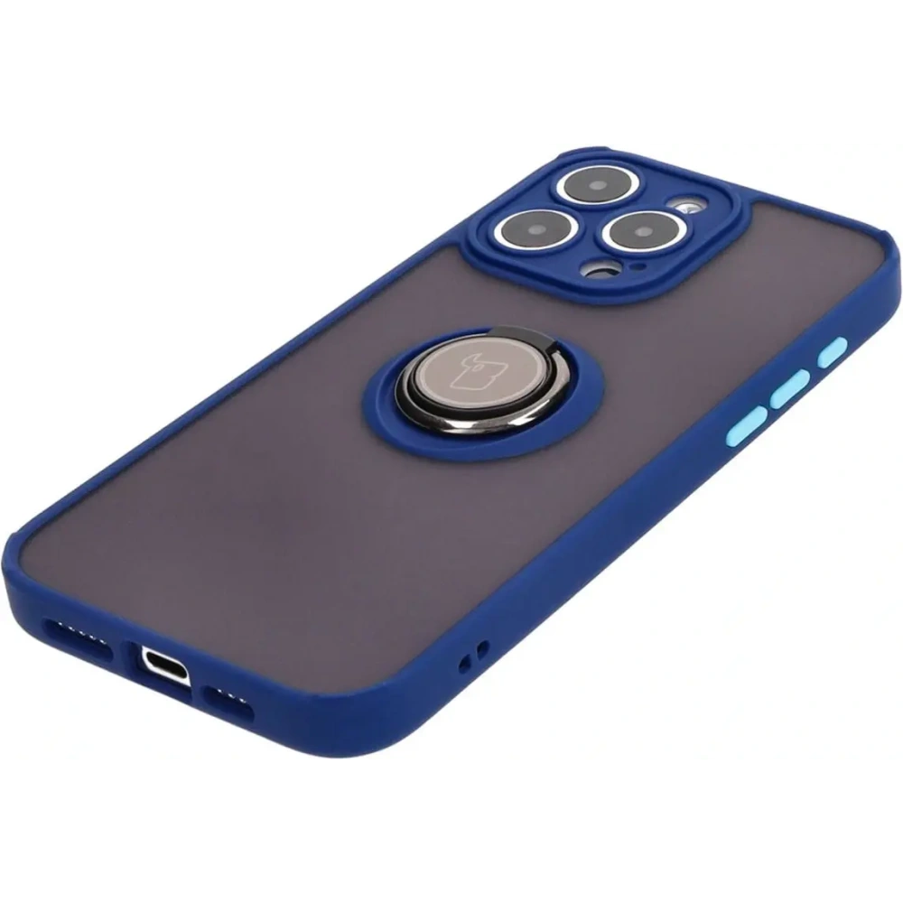 Etui z uchwytem na palec Bizon Case Hybrid Ring do Apple iPhone 15 Pro Max przydymione z granatową ramką