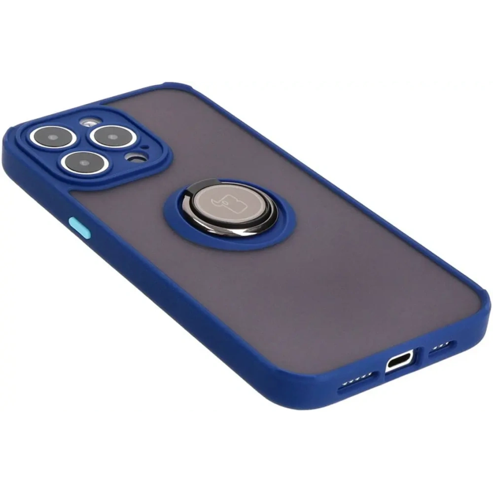 Etui z uchwytem na palec Bizon Case Hybrid Ring do Apple iPhone 15 Pro Max przydymione z granatową ramką