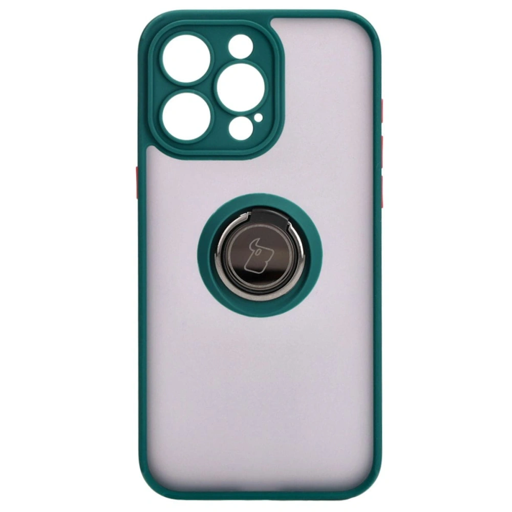 Etui z uchwytem na palec Bizon Case Hybrid Ring do Apple iPhone 15 Pro Max przydymione z ciemnozieloną ramką