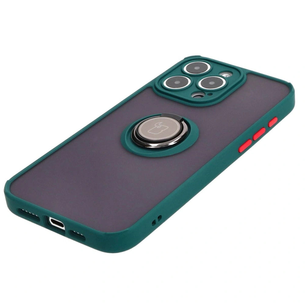 Etui z uchwytem na palec Bizon Case Hybrid Ring do Apple iPhone 15 Pro Max przydymione z ciemnozieloną ramką