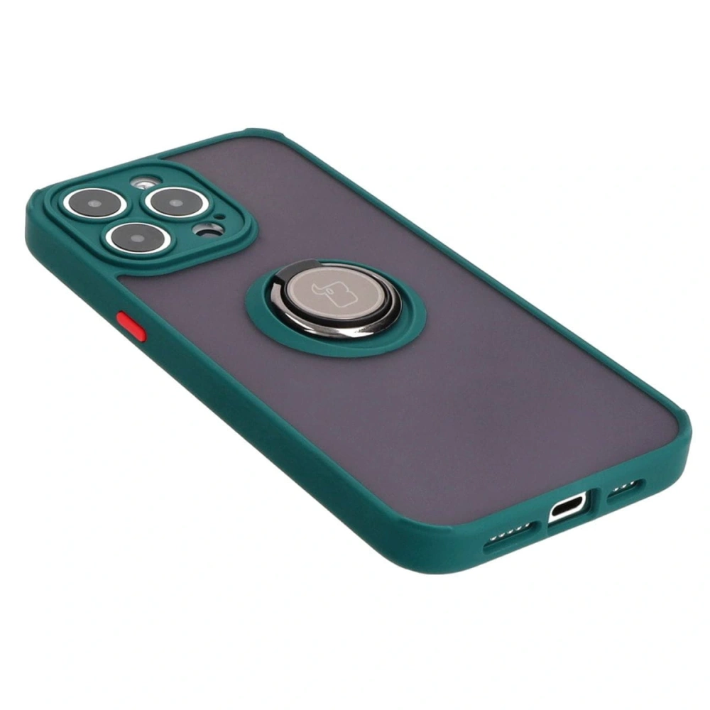Etui z uchwytem na palec Bizon Case Hybrid Ring do Apple iPhone 15 Pro Max przydymione z ciemnozieloną ramką
