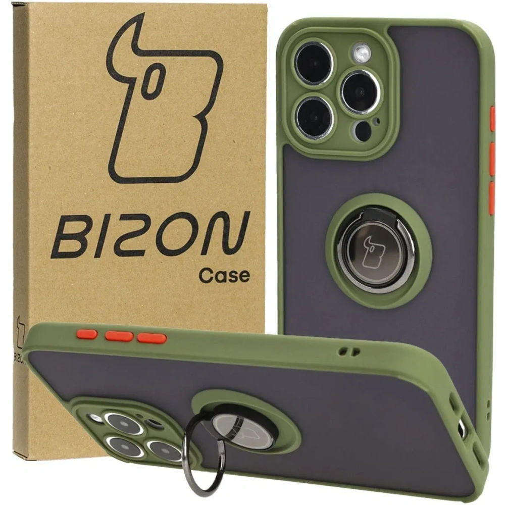 Etui z uchwytem na palec Bizon Case Hybrid Ring do Apple iPhone 15 Pro Max przydymione z zieloną ramką