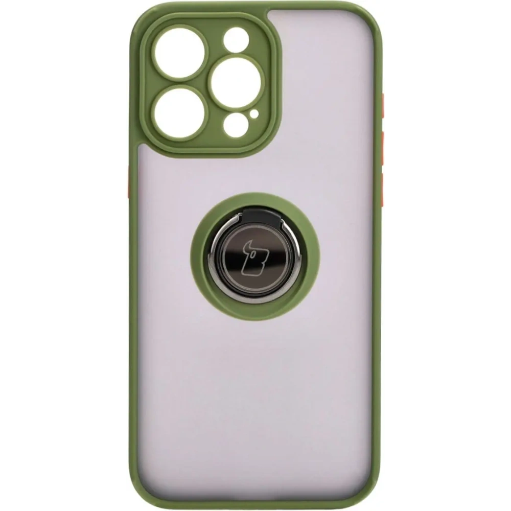 Etui z uchwytem na palec Bizon Case Hybrid Ring do Apple iPhone 15 Pro Max przydymione z zieloną ramką