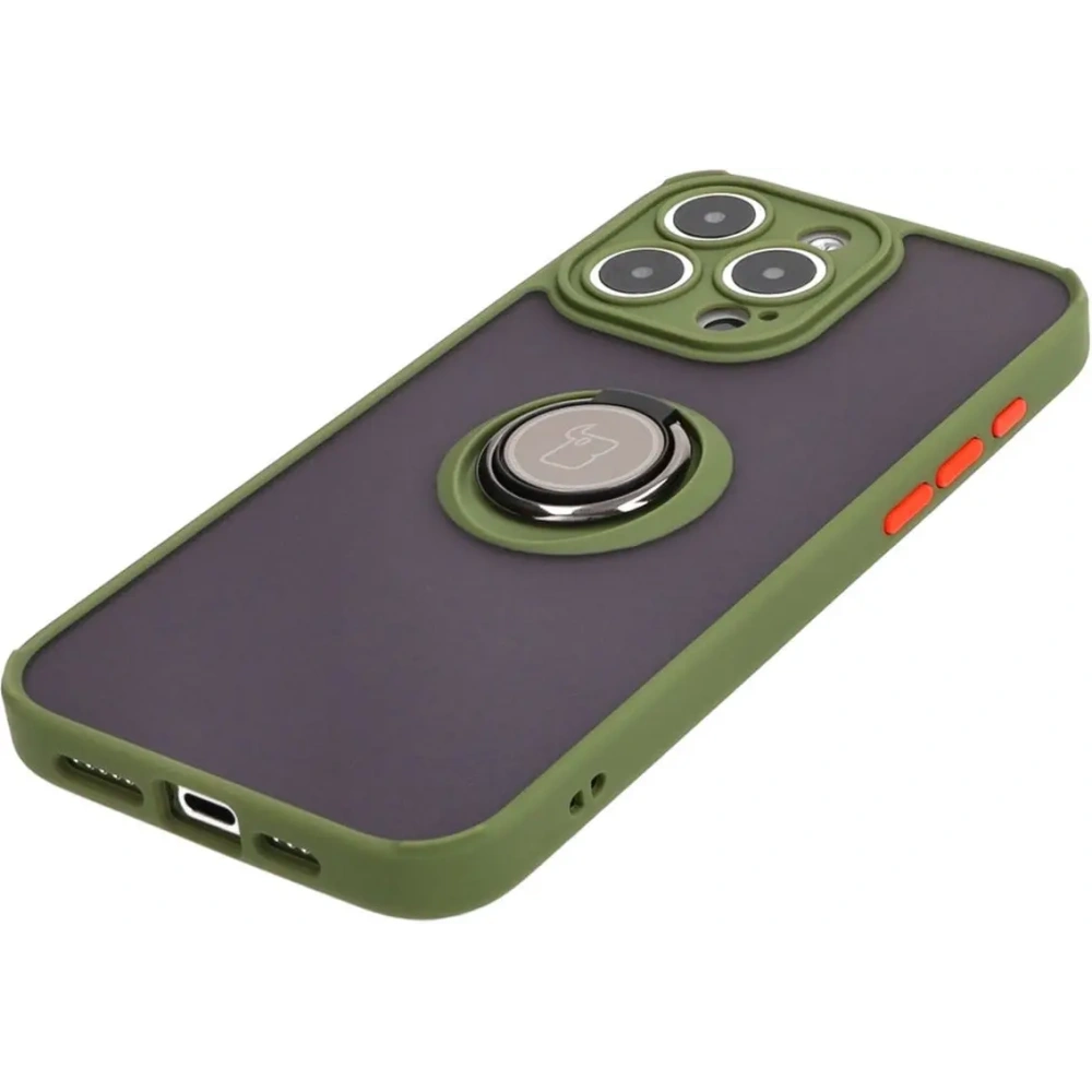 Etui z uchwytem na palec Bizon Case Hybrid Ring do Apple iPhone 15 Pro Max przydymione z zieloną ramką