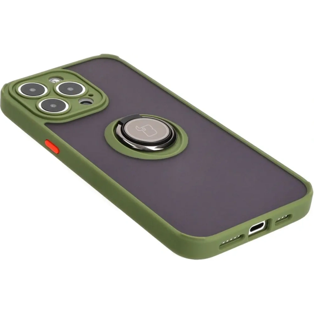 Etui z uchwytem na palec Bizon Case Hybrid Ring do Apple iPhone 15 Pro Max przydymione z zieloną ramką