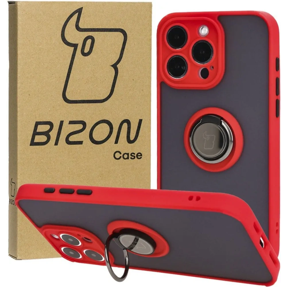 Etui z uchwytem na palec Bizon Case Hybrid Ring do Apple iPhone 15 Pro Max przydymione z czerwoną ramką
