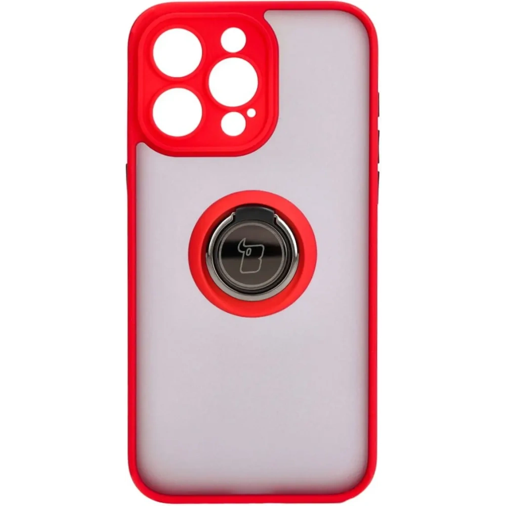 Etui z uchwytem na palec Bizon Case Hybrid Ring do Apple iPhone 15 Pro Max przydymione z czerwoną ramką