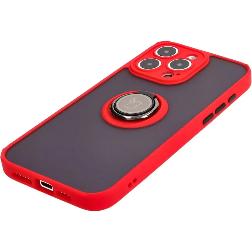 Etui z uchwytem na palec Bizon Case Hybrid Ring do Apple iPhone 15 Pro Max przydymione z czerwoną ramką