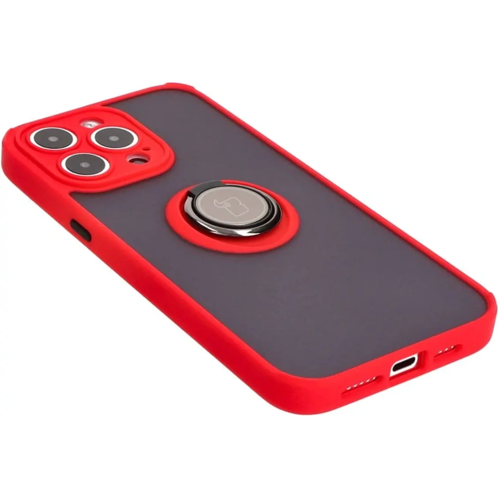 Etui z uchwytem na palec Bizon Case Hybrid Ring do Apple iPhone 15 Pro Max przydymione z czerwoną ramką