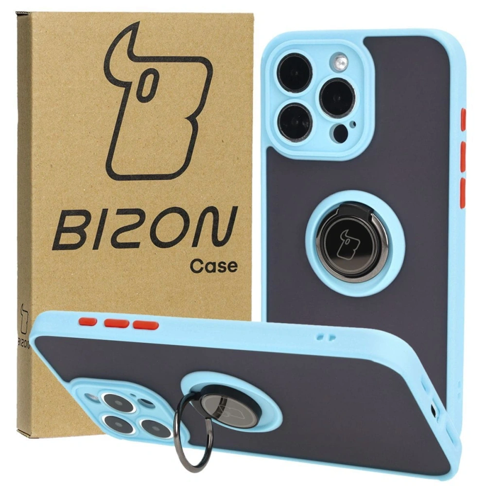 Etui z uchwytem na palec Bizon Case Hybrid Ring do Apple iPhone 15 Pro Max przydymione z jasnoniebieską ramką