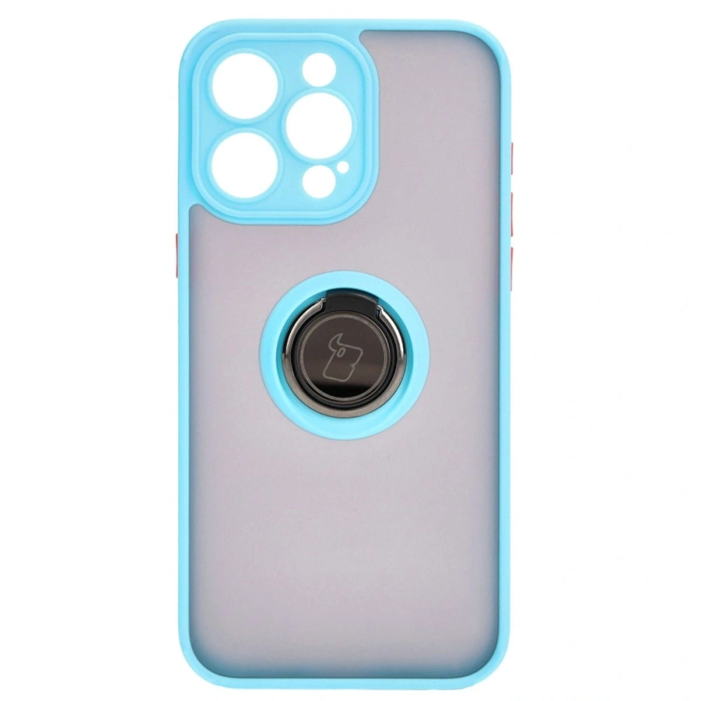 Etui z uchwytem na palec Bizon Case Hybrid Ring do Apple iPhone 15 Pro Max przydymione z jasnoniebieską ramką