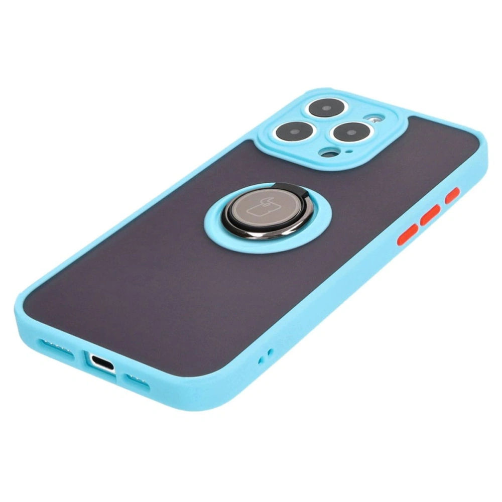 Etui z uchwytem na palec Bizon Case Hybrid Ring do Apple iPhone 15 Pro Max przydymione z jasnoniebieską ramką