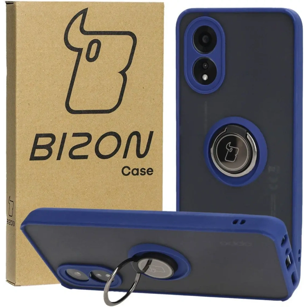 Etui z uchwytem na palec Bizon Case Hybrid Ring do Oppo A38 4G przydymione z granatową ramką
