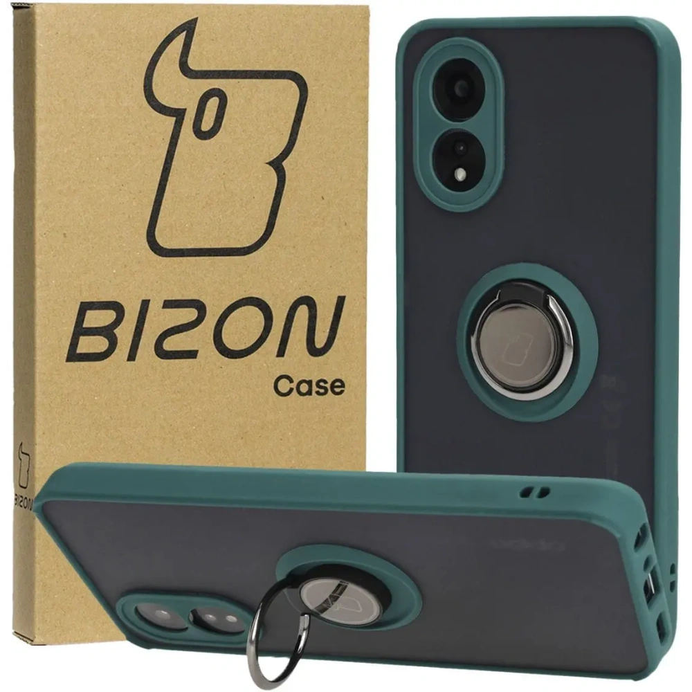 Etui z uchwytem na palec Bizon Case Hybrid Ring do Oppo A38 4G przydymione z ciemnozieloną ramką