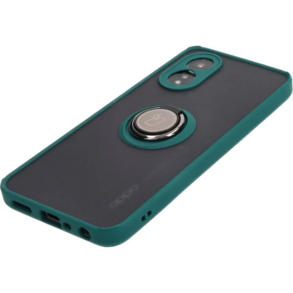 Etui z uchwytem na palec Bizon Case Hybrid Ring do Oppo A38 4G przydymione z ciemnozieloną ramką