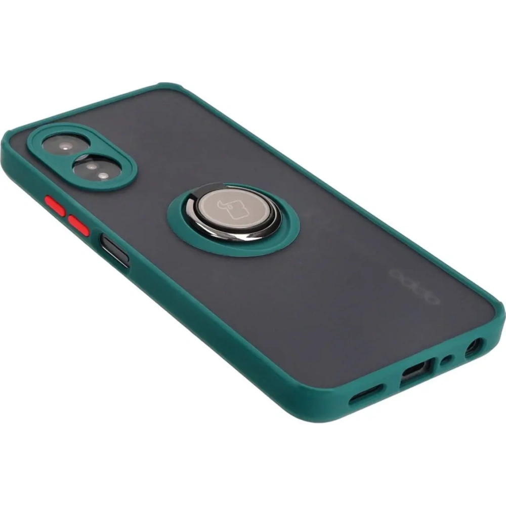 Etui z uchwytem na palec Bizon Case Hybrid Ring do Oppo A38 4G przydymione z ciemnozieloną ramką