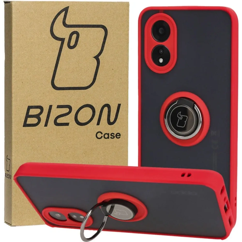 Etui z uchwytem na palec Bizon Case Hybrid Ring do Oppo A38 4G przydymione z czerwoną ramką