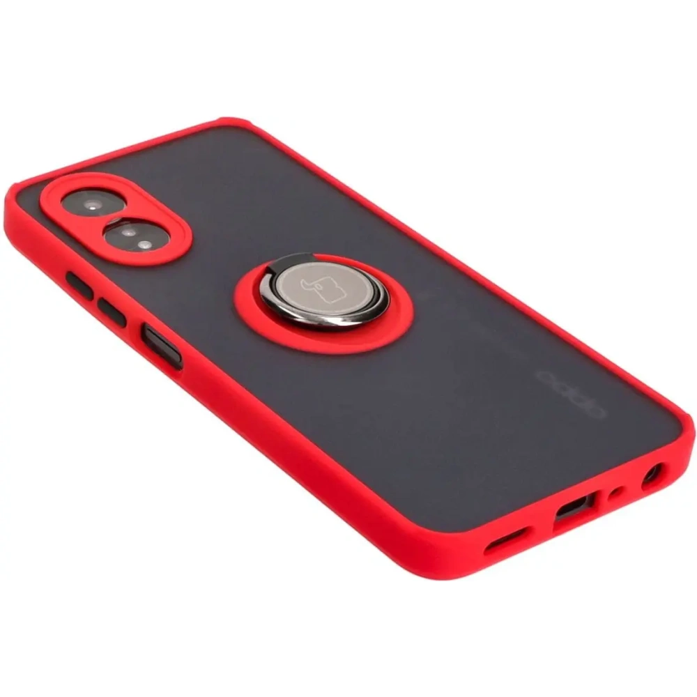 Etui z uchwytem na palec Bizon Case Hybrid Ring do Oppo A38 4G przydymione z czerwoną ramką